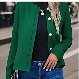 Elegant Button Front Crew Neck Jacket in Dark Green
